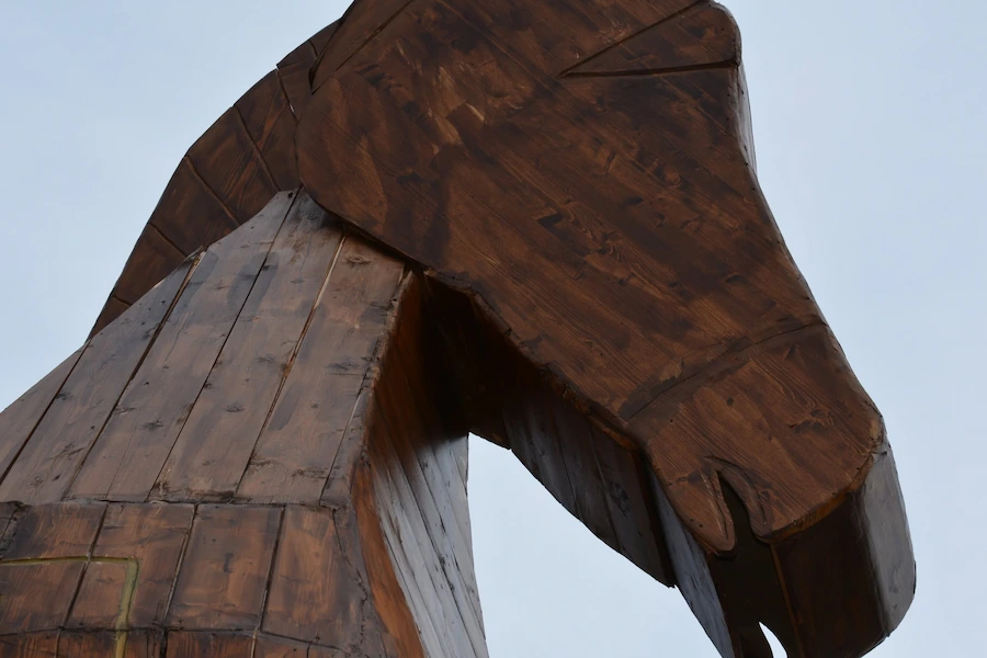 particolare monumento statua in legno del cavallo di Troia dell'Iliade e dell'Odissea di Omero