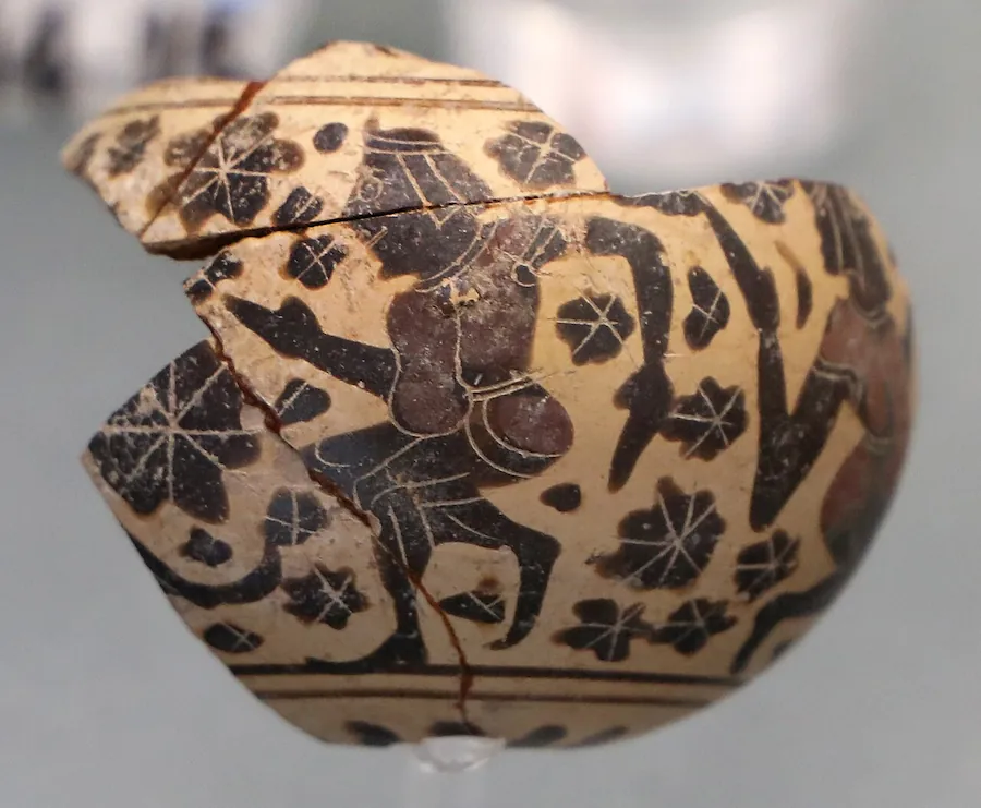 Frammento di ceramica greca dipinta con figure e motivi floreali dal sito di Timpone della Motta, Museo Archeologico Nazionale della Sibaritide
